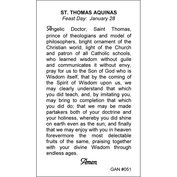 St. Thomas Aquinas Prayer Card | Gannon's Prayer Card Co.