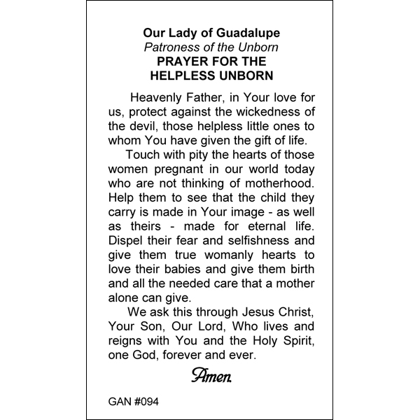 OLO Guadalupe Prayer CardPrayer for the Helpless Unborn | Gannon's ...