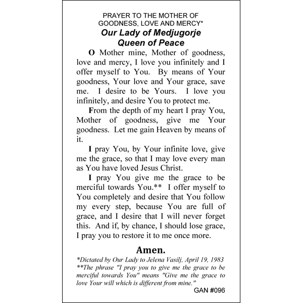 OLO Medjugorje Prayer Card | Gannon's Prayer Card Co.