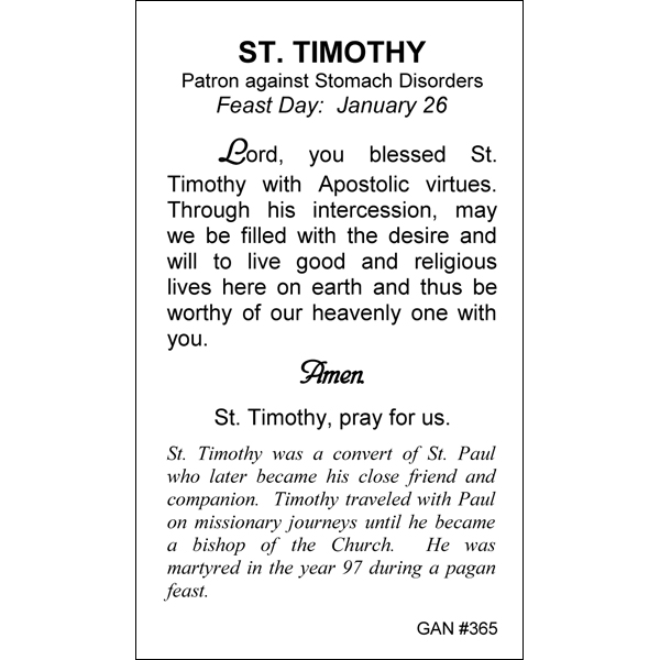 St. Timothy Prayer Card | Gannon's Prayer Card Co.